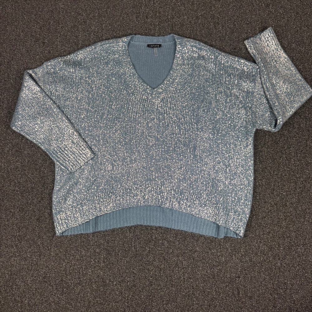 1.STATE V-Neck Metallic Foil Ribbed Sweater Womens XL Blue Silver Good